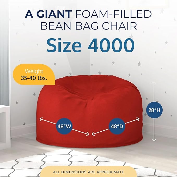 Ultimate Sack 4000 4-Foot Bean Bag Chair, Red Suede Cover – Oversized Foam Lounger, Floor Seat, Small Sofa, or Couch Bed for Living Area, Gaming Room, or Reading Lounge