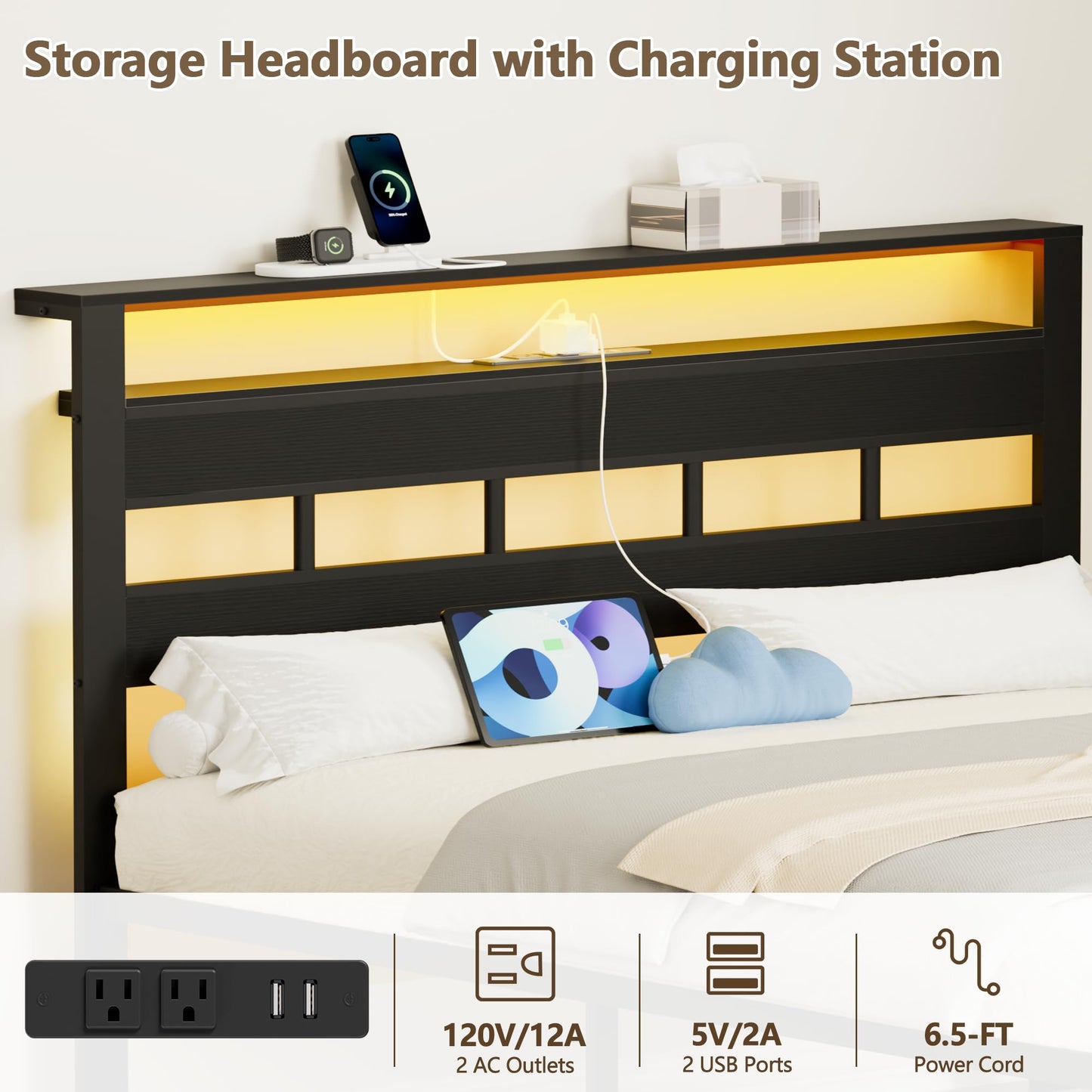 Furnulem Queen Bed Frame with Storage Headboard and LED Lights, Metal Bedframe with Charging Station and USB Port, Queen Size Platform Bed with Heavy Duty Slats, No Box Spring Needed, Black Oak