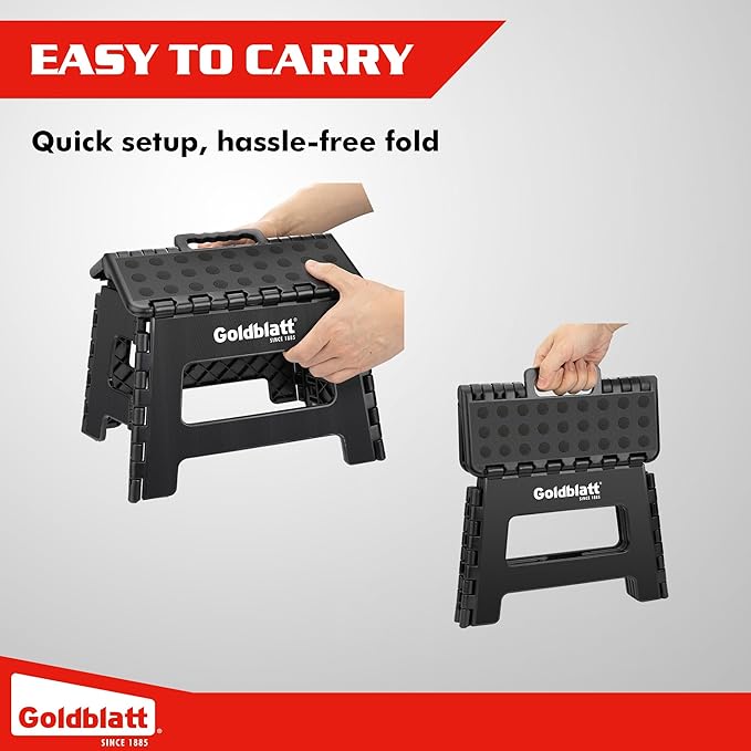 Goldblatt 8.5" Folding Step Stool for Adults and Kids, Lightweight Heavy-Duty Plastic Portable Foldable Stool with Non-Slip Top and Anti-Skid Feet, 300 lbs Capacity, Kitchen & Bathroom, Black