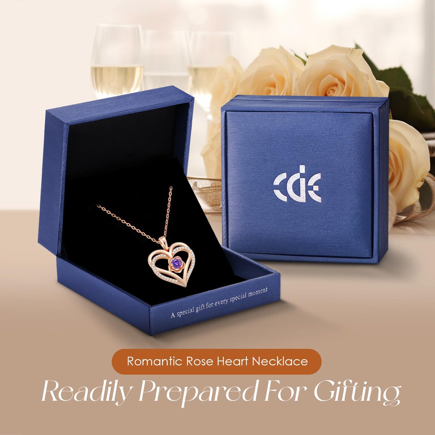 CDE Rose Flower Love Heart Birthstone Necklaces for Women 925 Sterling Silver Rose Gold Jewelry for Wife Girlfriend Mom Daughter Lady Her for Anniversary Birthday Christmas Gift (Rose Gold-02-Feb.)