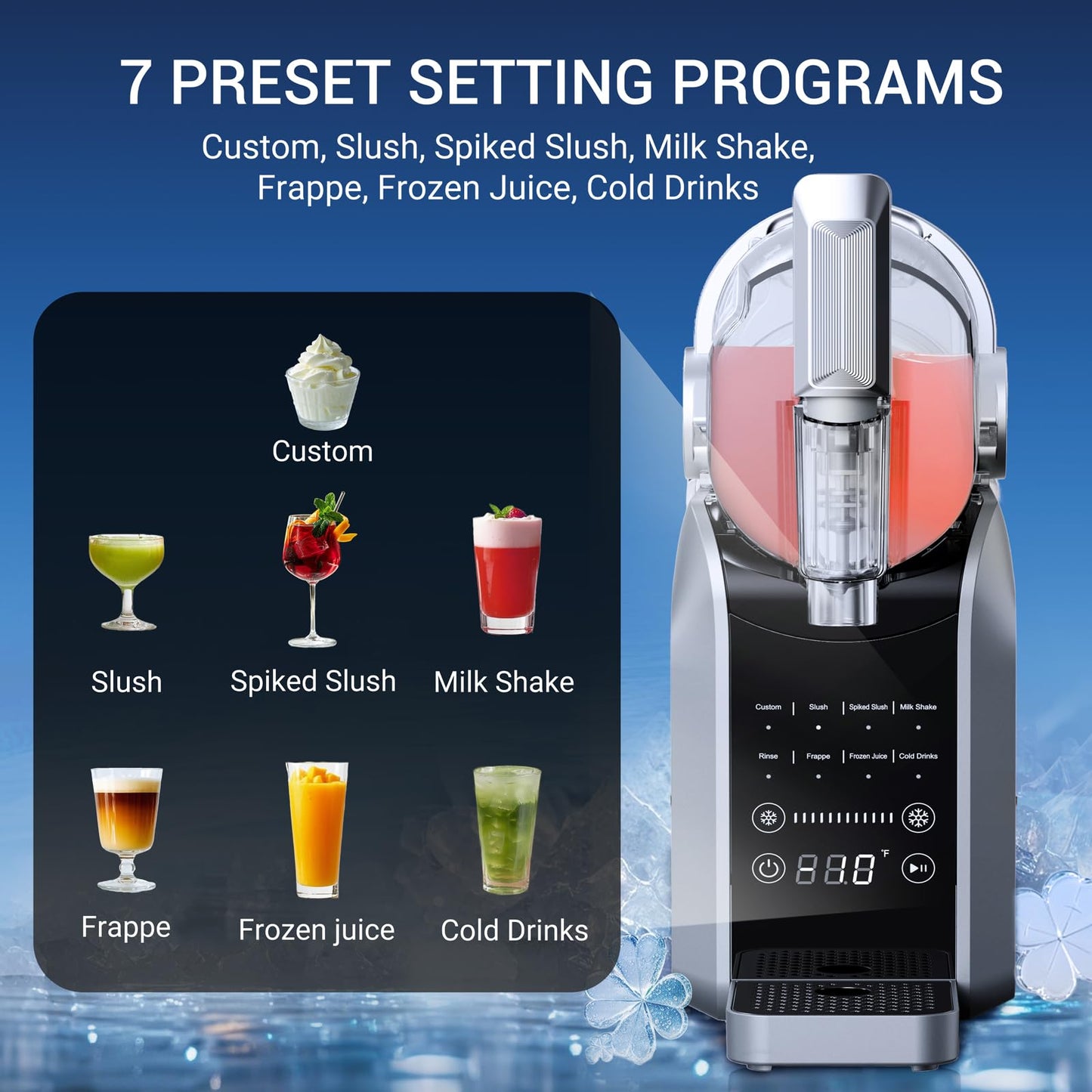 IceSwirls Slushie Machine,No Ice Needed,8 Preset Programs,Professional Frozen Drink Maker for Slush,88 oz Slushy Machine for Home with Auto-Clean,Milk Shakes,Frappe,Margarita