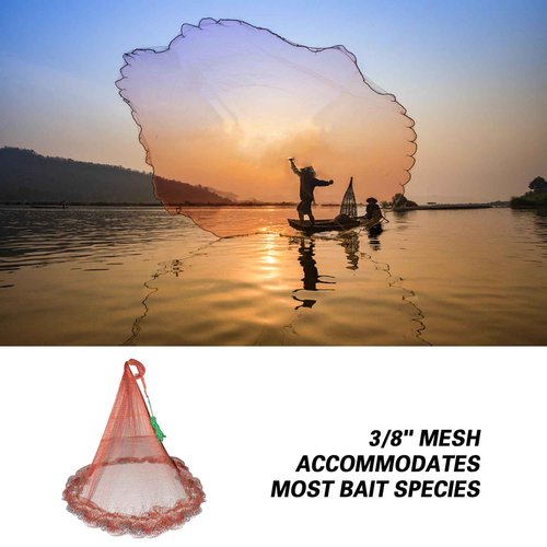 Nylon Monofilament Cast Net, American Style Hand Throwing Fishing Net with Iron Chain Weights for Saltwater and Freshwater, 3/8 Inches Mesh12FT…