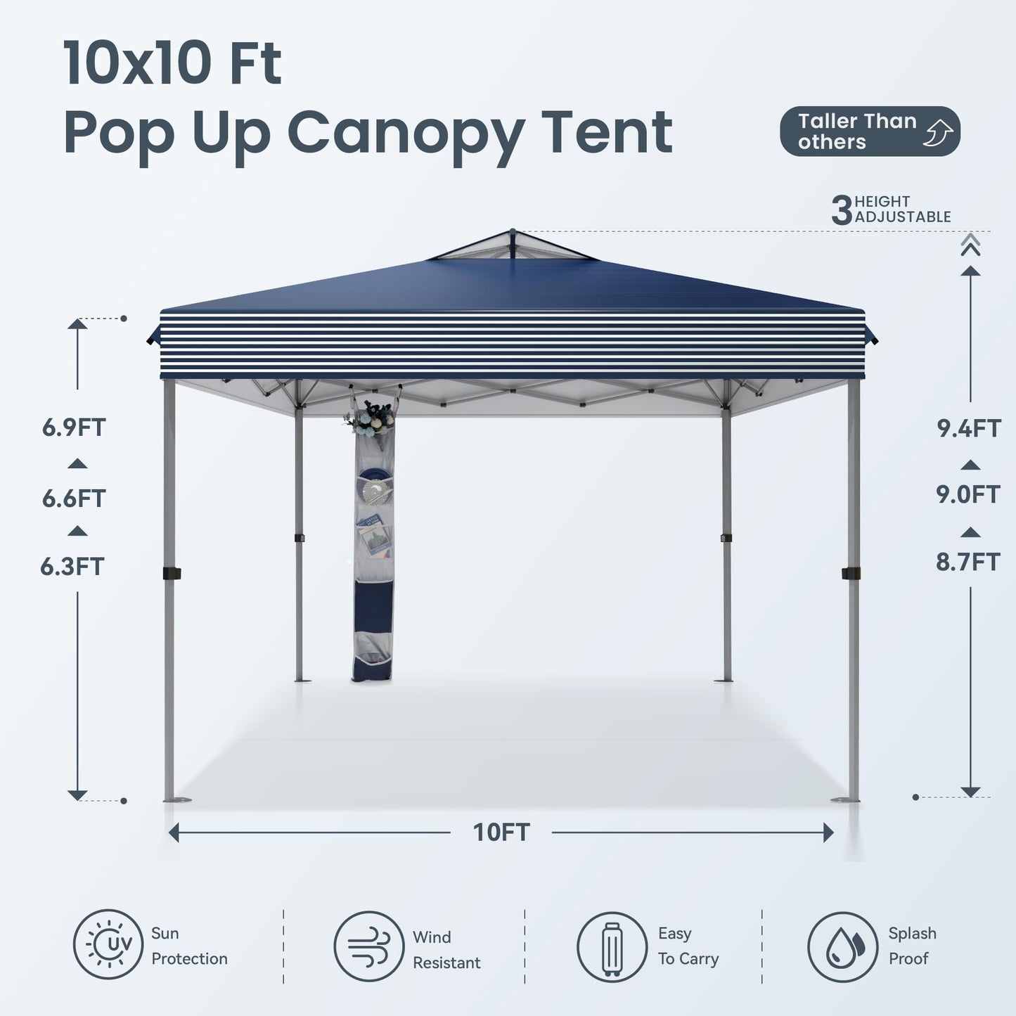PHI VILLA 10’x10’ Pop Up Canopy Tent - One Push Setup, Instant Shade Tent with Vented Roof for Beach & Events - Includes Storage Bag, Sandbags, Stakes & Ropes (Navy Stripe)