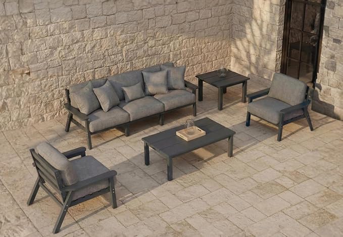 Patio Kingdom 7 Piece Patio Conversation Sets, Outdoor Couch with Washable Thick Gray Cushions, HDPE Patio Furniture Set, Outdoor Sectional Furniture for Backyard, Deck, Lawn, Porch (Grey Frame)