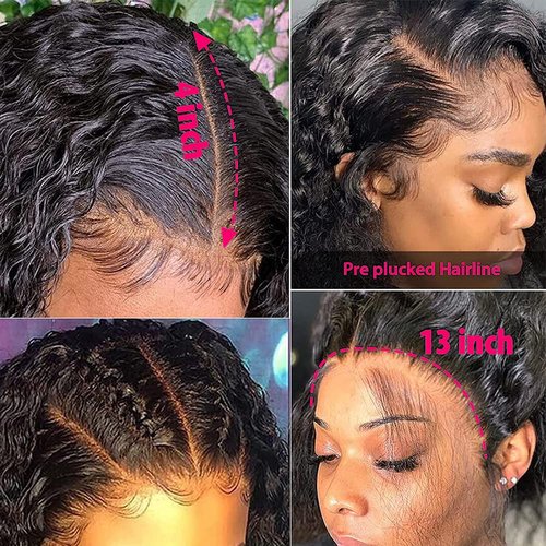 13x4 Deep Wave Human Hair Lace Front Wigs for Black Women Brazilian Virgin Human Hair Deep Curly Lace Front Wigs with Baby Hair Pre Plucked Bleached Knots Natural Color 180% Density 16 Inch