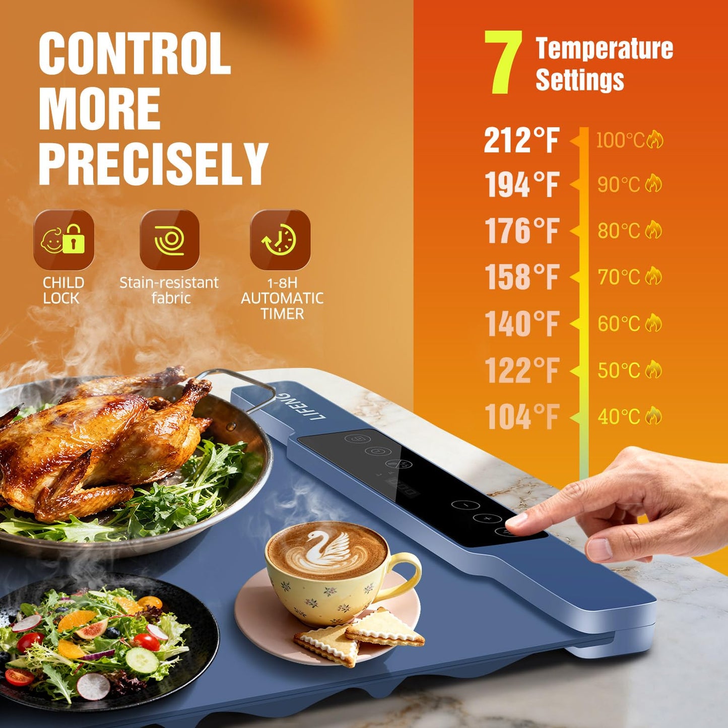 Warming Mat for Food, 35.43"x13.99" Extra Large, 7 Temperature Levels & Timer, Fast Full-Surface Heating, Rollable Waterproof Silicone Tray with Auto Shut-Off for Buffet, Party, Home, Travel(Blue)
