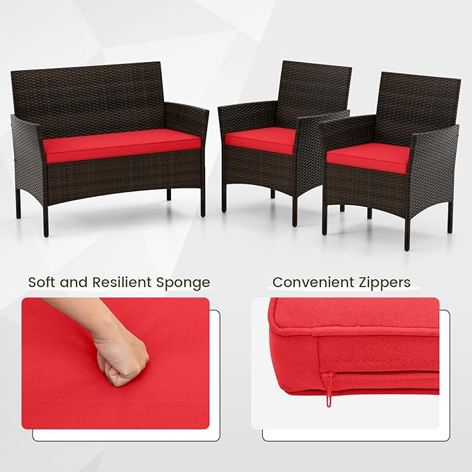 HAPPYGRILL 8 Pieces Outdoor Rattan Conversation Set, Patio Wicker Furniture Set with Loveseat Chairs & Tempered Glass Coffee Table, Outside Sectional Sofa Set for Backyard Garden Poolside, Red