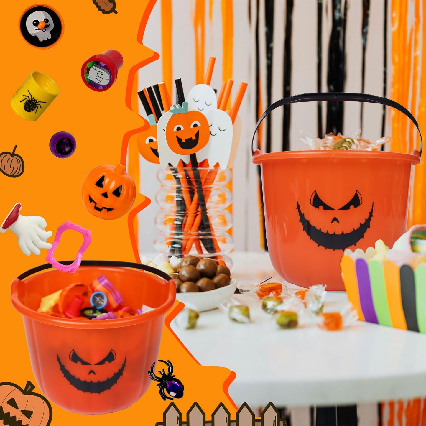 novelinks Halloween Party Favors for Kids 96PCS Halloween Toys in Bulk Halloween Prefilled Plastic Pumpkins Buckets Halloween Goodie Bag Fillers Treats Prizes Halloween Toys Gifts for Boy Girl Random