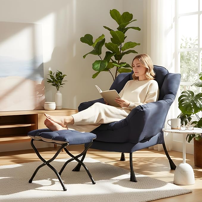 Furlide Lazy Chair with Ottoman, Modern Lounge Chair with Lumbar Pillow, Accent Cozy Reading Armchair and Folding Footstool for Bedroom, Dorm, Living Room,Navy