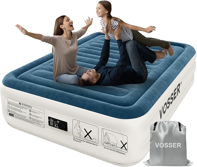 VOSSER Queen Air Mattress with Built-in Pump,Fast & Easy Inflation/Deflation Inflatable Mattress, Foldable Blow Up Mattress with Storage Bag, Inflatable Bed for Home, Camping & Guests