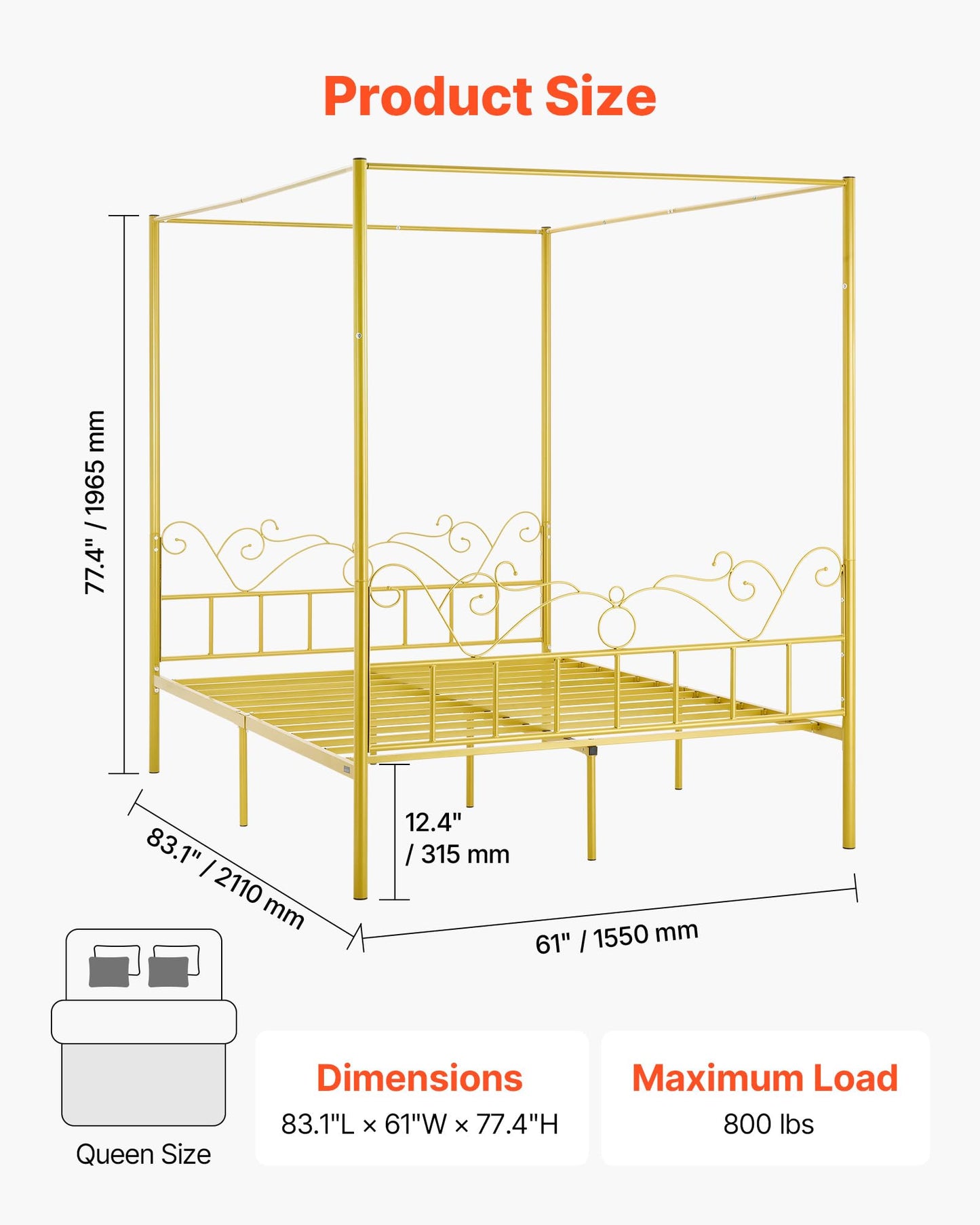 VEVOR Queen Size Canopy Bed Frame, Metal Canopy Bed with Minimalist Headboard & Four Posters Design, Heavy Duty Steel Slats Support, Underbed Storage Space, No Box Spring Needed, Easy Assembly, Gold