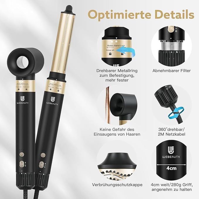 Hair Dryer Brush, webeauty 5 in 1 Professional Hot Air Styling, High-Speed Negative Ionic Hair Dryer Fast Drying, Multi Hair Styler with Air Curling Iron, Volumizing, Straightening (Black)
