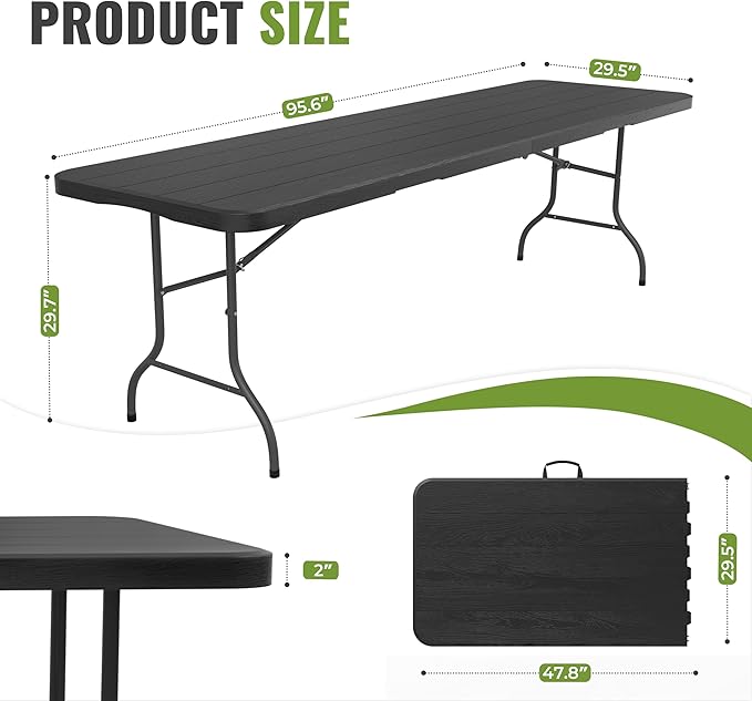 RootRise 8Ft Plastic Folding Table Heavy Duty Portable Folding Tables 400 lbs, Wood Grain Tabletop for Working Meeting Parties, Picnic, Camping, Garden Dining (Black)