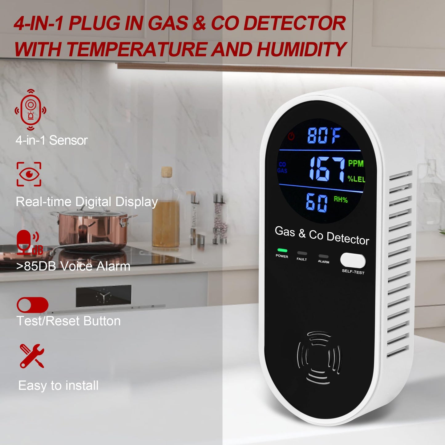 Koabbit Natural Gas & Carbon Monoxide Detector, Plug in Carbon Monoxide Alarm,Natural Gas Detector,Propane,4-in-1 Combustible Gas & CO Detector with Fahrenheit(°F) & Humidity for Home,RV,Apartment