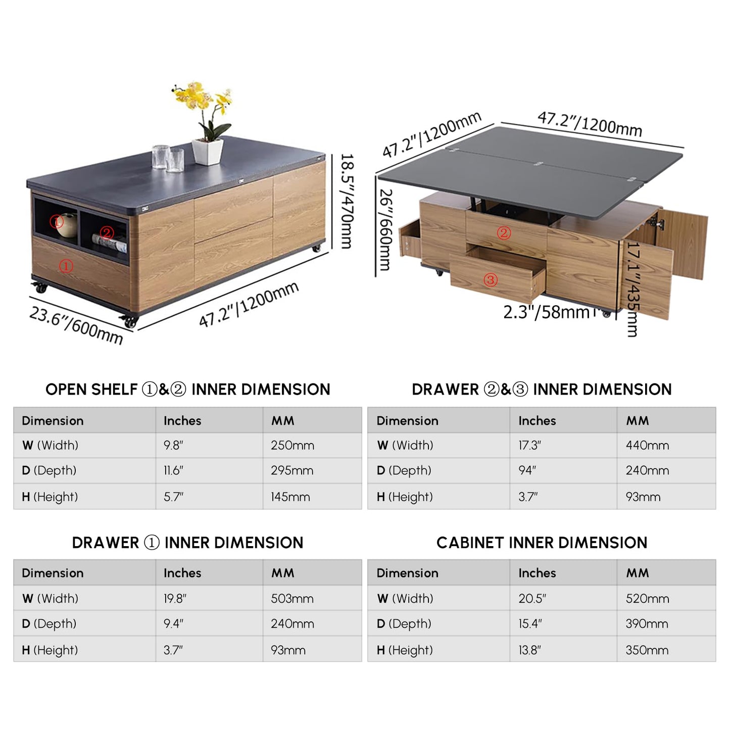 homary Modern 47" Lift-Top Coffee Table, Black & Walnut with 3 Drawers, 2 Open Storage Compartments, Hidden Cabinet, Convertible Dining Office Table for Living Room Small Spaces