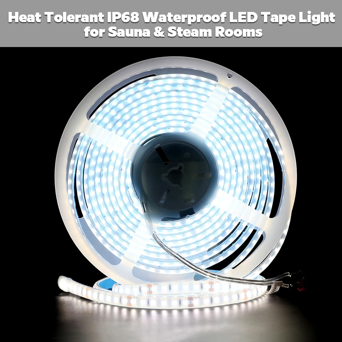 SuperlightingLED DC24V LED Tape 6000K Sauna Lights for Inside Sauna, Flexible High Temperature Rated & IP68 LED Strip Light Water-Submersible, 600 LEDs Bright & 5m 16.4ft Long (6000K Daylight White)