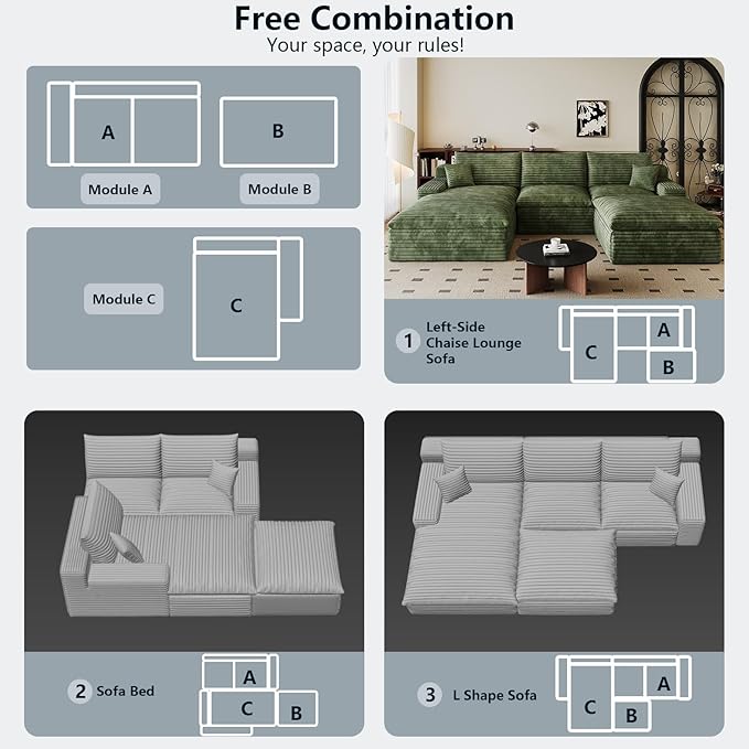 107" Cloud Sectional Couch U-Shaped Chaise with Ottoman, Corduroy Boneless Couch for Living Room Bedroom, Deep-Seat Upholstered Modular Cloud Sofa, No Assembly Required (Green, Left Facing Chaise)
