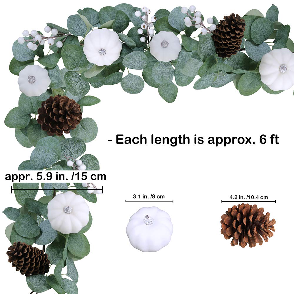 Winlyn White Pumpkin Garland Artificial Eucalyptus with White Pumpkins Pinecones Berries Fall Foliage for Wedding Arch Backdrop Thanksgiving Table Runner Farmhouse Decor 6' Long