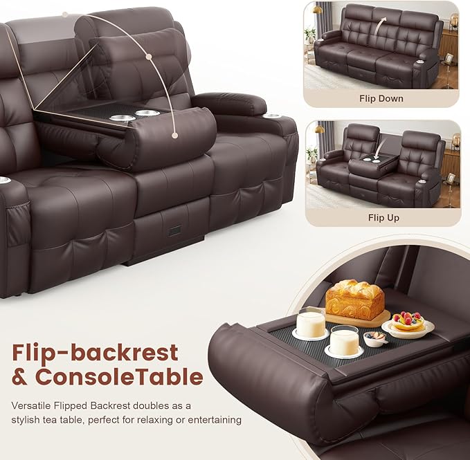 Aotolo Recliner Sofa, Massage Reclining Sofa 3 Seater Sets Heavy Weight Capacity, RV Loveseat Couch Clearance with Flip Back Console, Storage, Cup Holders, Wall Hugger Reclining Couch for Living Room