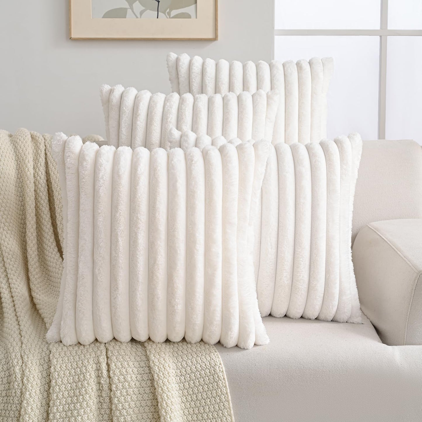 Volcanics Set of 4 Faux Fur Plush Decorative Throw Pillow Covers 20x20 Inch, Luxury Striped Cushion Cases Soft Fluffy Accent Pillowcases for Sofa, Couch and Bed, Cream White