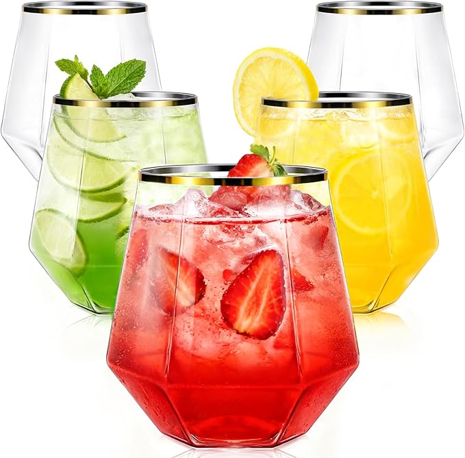 Maaacute 40 Pcak Plastic Stemless Wine cocktail Whiskey Champagne Glasses, 12 Oz Gold Rim Disposable Clear Unbreakable Cup...