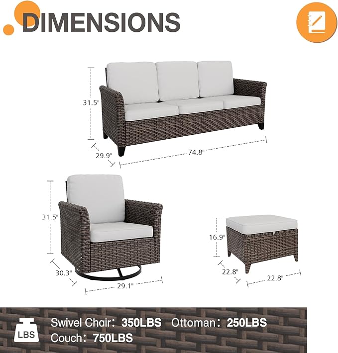 COOS BAY Harbor Retreat 5 Piece Outdoor Furniture Set, Patio Conversation Set with w/Swivel Rocking Chairs, 3 Seat Couch and Ottomans, Wicker Furniture, Brown/Beige