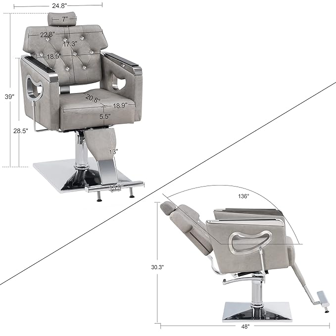 BarberPub Barber Chair Reclining Salon Chair for Hair Stylist, Antique Hair Spa Salon Styling Beauty Equipment 8132 (Silver Grey)