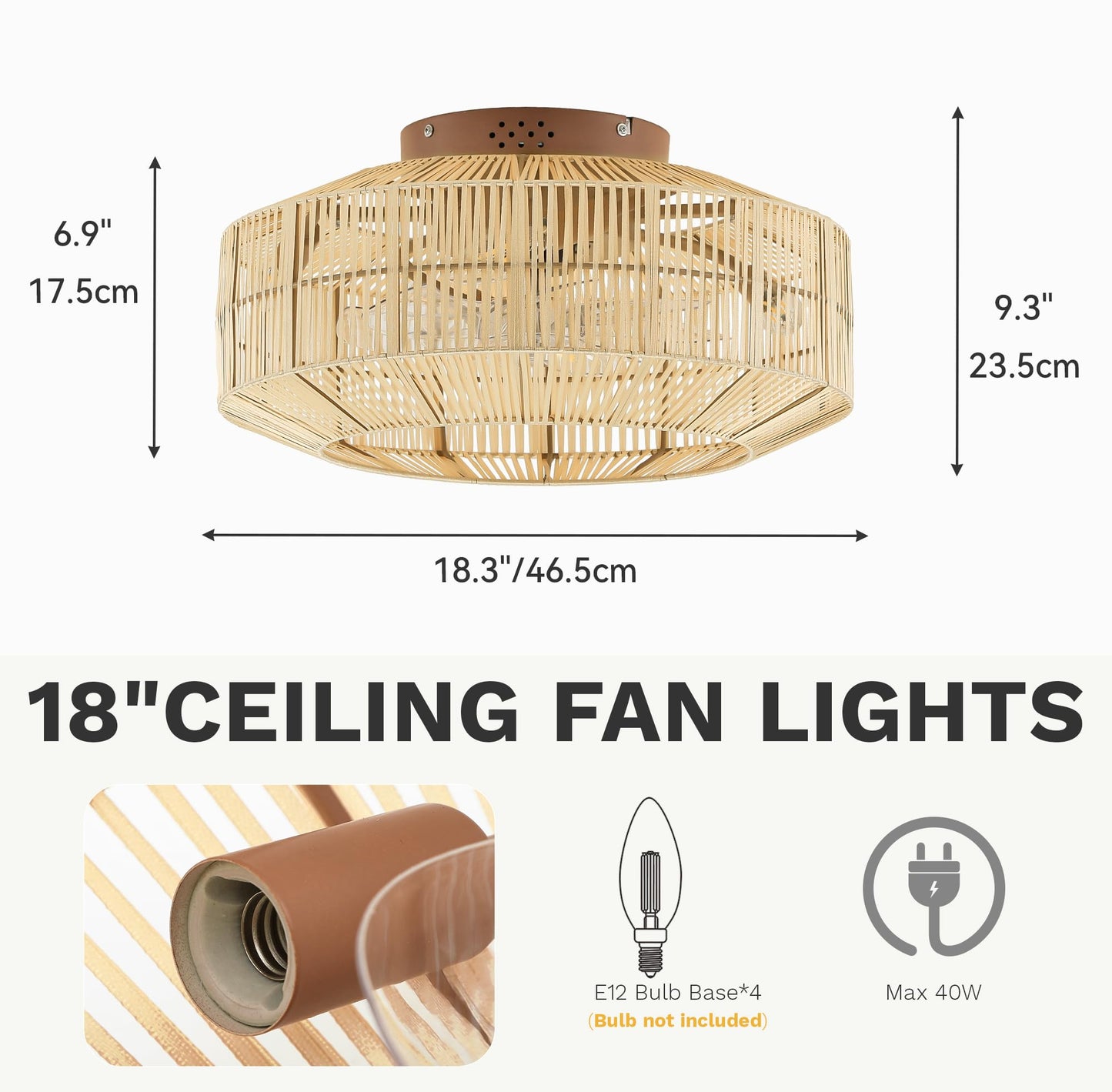 Dwvo 18 Inch Boho Caged Ceiling Fan With Lights, Flush Mount Ceiling Fans With Remote, 6 Speeds, Reversible Blades, Enclosed Fan