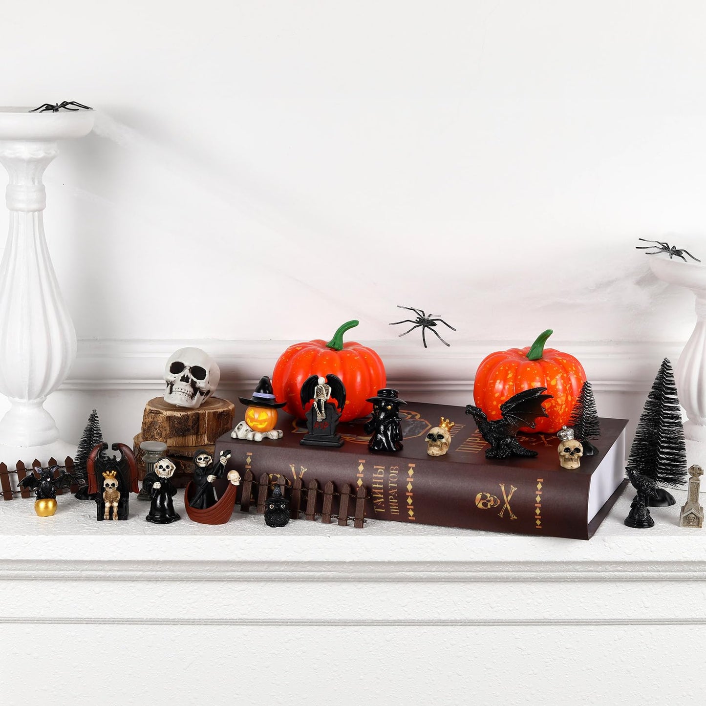 IESCOO 20 Pcs Halloween Miniatures Figurines, Mini Resin Skeleton Pumpkin Ghost Crow Bat Dragon Tombstones Tree Decorations for Halloween Village Garden Crafts Home Decor Accessories