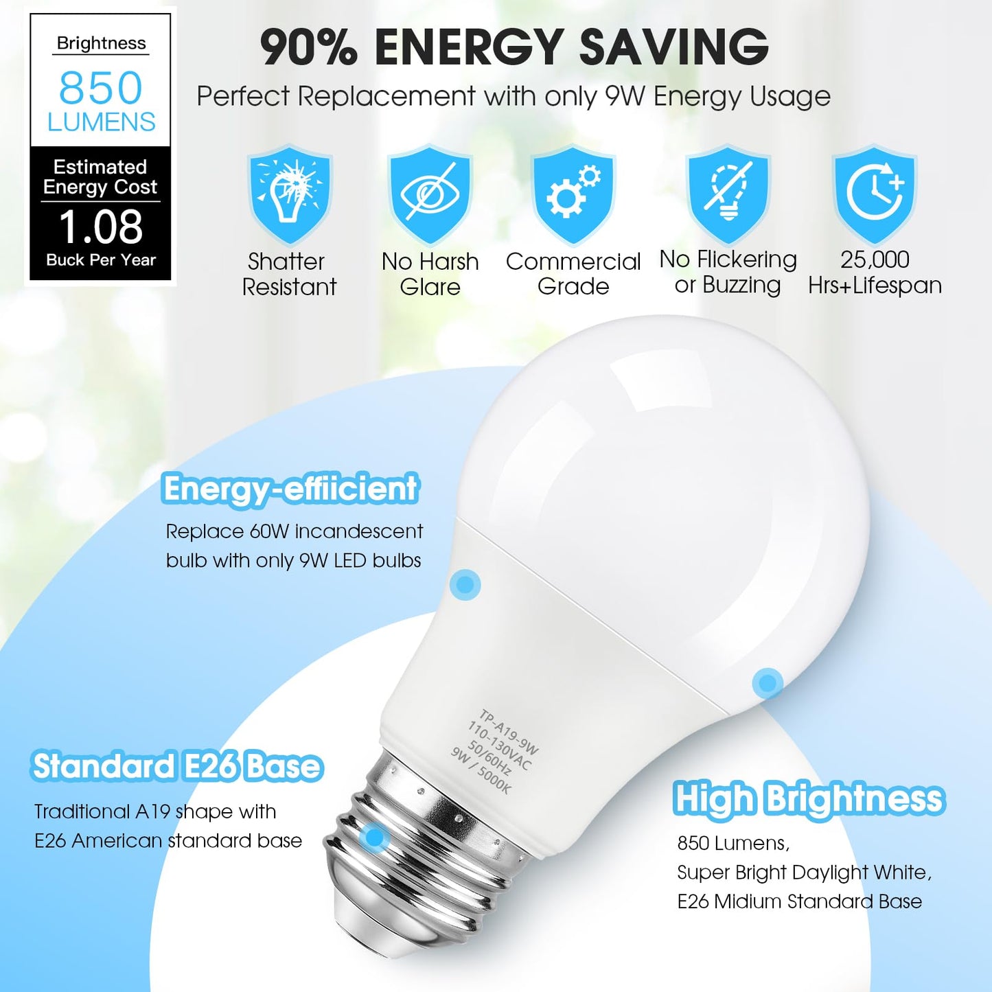 Maylaywood 24-Pack A19 LED Light Bulbs, 60W Equivalent, Daylight White 5000K, E26 Base, 850 Lumen, Non-Dimmable, 9W Bright White LED Bulb