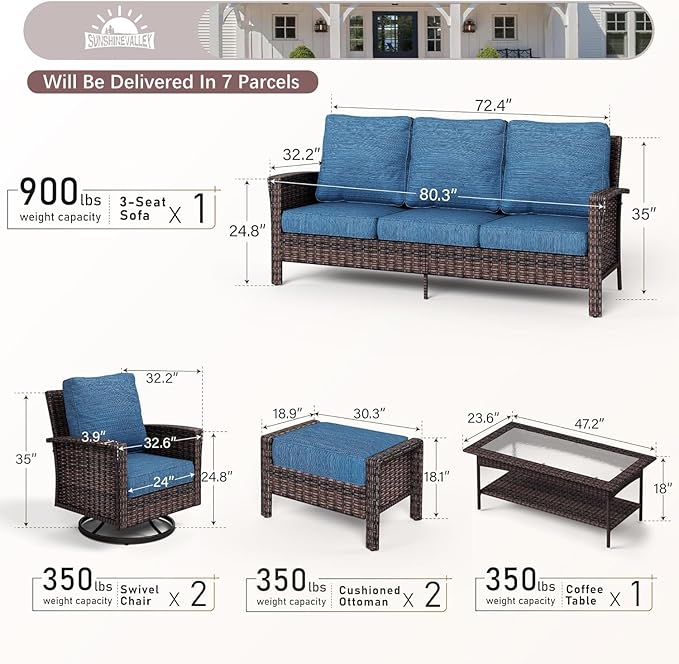 SUNSHINE VALLEY 6 Piece Patio Furniture Set with Swivel Chairs, High Back Wicker Rattan Sofa with Extra Thick Cushion, Coffee Table and Ottoman, Outdoor Conversation Set for Backyard Deck, Blue