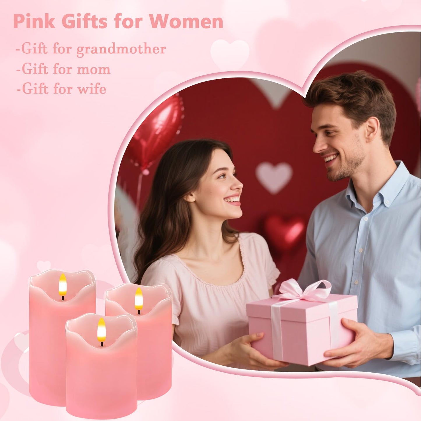 VEEKI Flameless Candles Light, Set of 3 Flickering LED Candle with Remote & Timer, Dimmable Electric Pillar Candles Battery Operated, Pink Candles for Valentine's Day Xmas Home Decor (3PC)