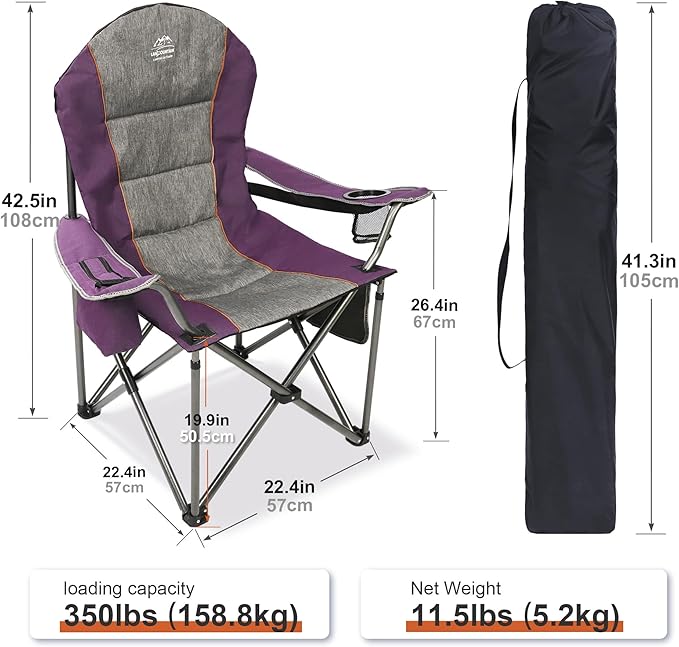 LANMOUNTAIN Camping Chairs for Adults,High Back Folding Camp Chair with Cup Holder and Cooler Bag,Heavy Duty Outdoor Lawn Chairs,Perfect for Camping,Hiking,Picnics,and Beach Trips,Purple