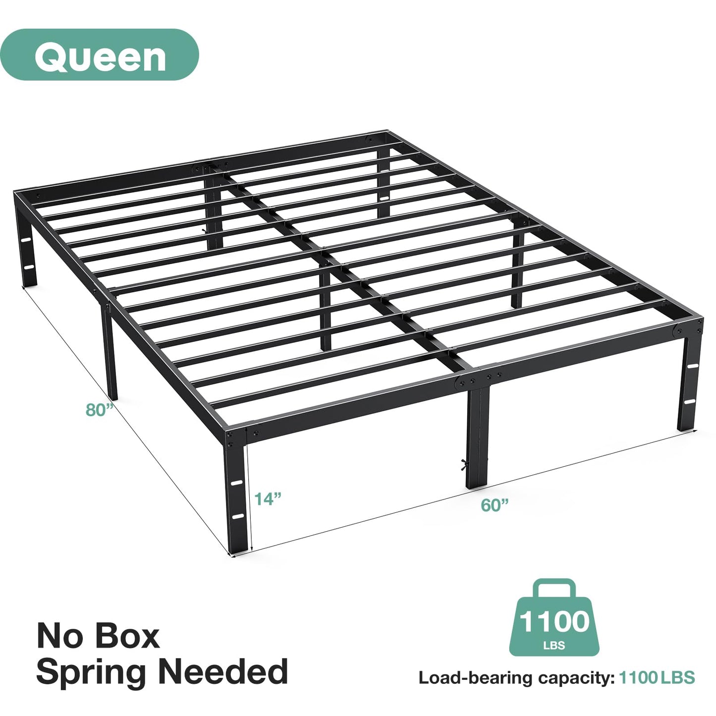 Sweetcrispy Queen Bed Frame - Heavy Duty Metal Platform Bed Frames Queen Size with Storage Space Under Frame, No Box Spring Needed, 14 Inches, Sturdy Steel Slat Support…