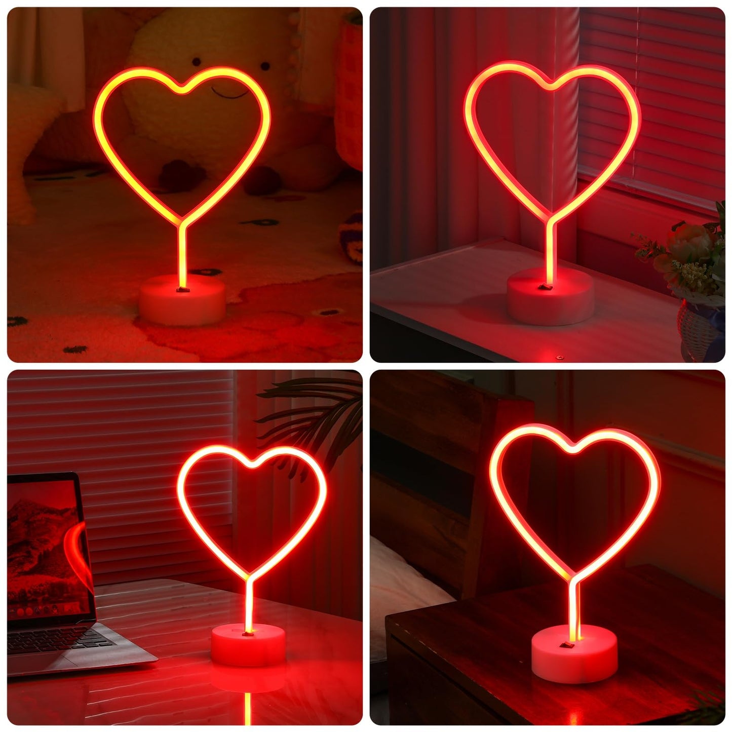 Retisee 4 Pack Valentine's Day Heart Neon Sign LED Neon Light Battery Operated or USB Powered Heart Signs Lamp Gifts for Bedroom Decorations Anniversary(11 x 8 Inches,Red)
