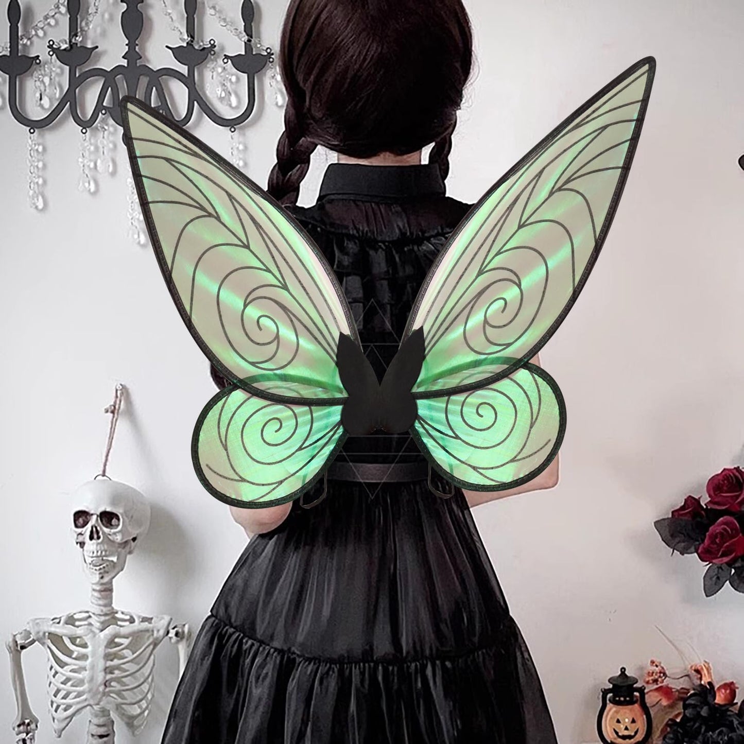 LOHZAQ Butterfly Fairy Wings Costume for Women Girl, Sparkle Princess Wing for Halloween Party Favor with Elf Ears Flower Crown (Black)