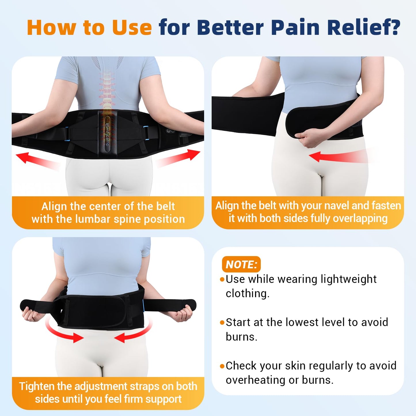 Comfytemp Cordless Heating Pad with Back Brace for Lower Back Pain Relief, Portable Wireless Heated Waist Belt Rechargeable Lumbar Support, 3 Heat 3 Timer, Birthday Gift for Men Women, 52"(No Massage)