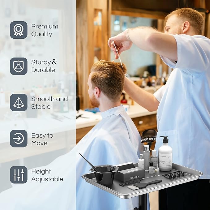 Premium Aluminum Salon Trolley Rolling Tray Silver Salon Station Tray with Wheels for Barber SPA Tattoo Clinic