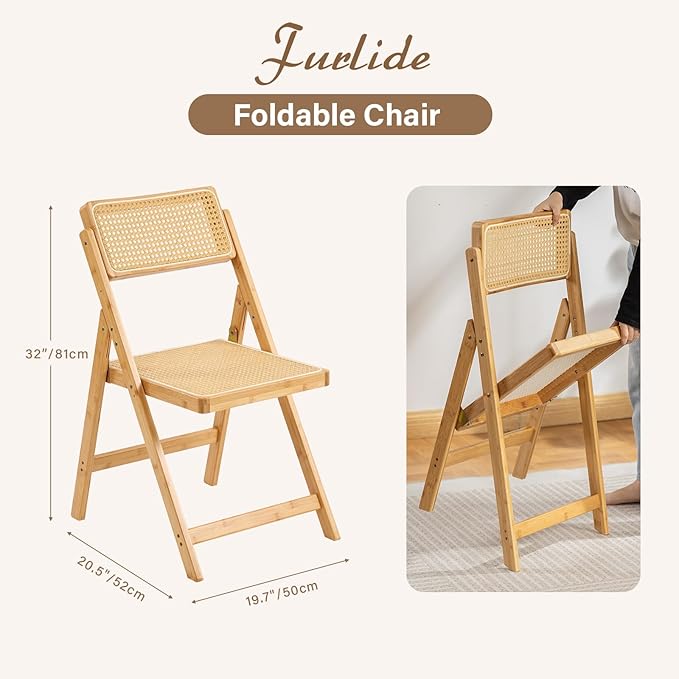 Furlide Rattan Folding Chair, Modern Mid Century Dining Chair Set of 1, Outdoor Bamboo Chairs for Bedroom Living Room Reading Room Dining Kitchen, Wood