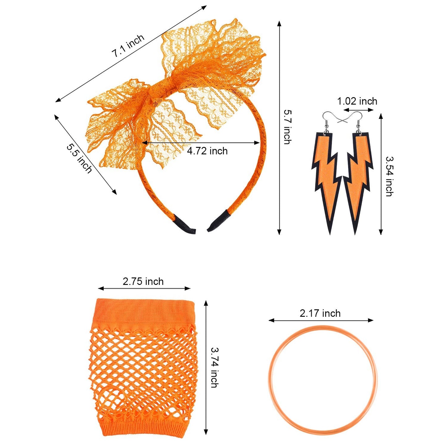 Blulu 80s Accessories Women Lace Headband Earrings Fishnet Gloves Necklace Bracelet for 80s Retro Party Halloween (Orange)