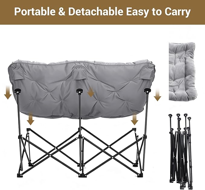 WTVIDAS Oversized Padded Double Camping Chair with High Back Heavy Duty Folding Comfy Chair Butterfly Chair for Adults Lawn Patio Outdoor
