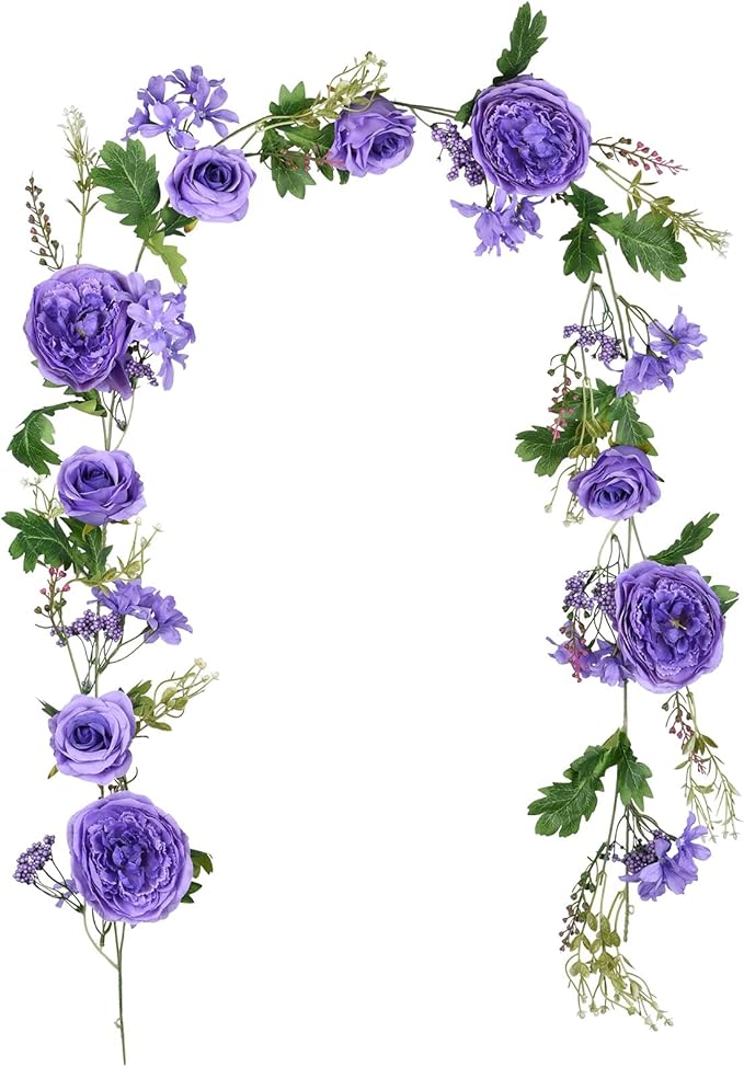 DearHouse 2Pack Artificial Peony Flower Garland - 6ft/Strand Silk Peony Garland with Pink Flowers for Wedding Party Table Decoration,Deep Ruby (Purple)