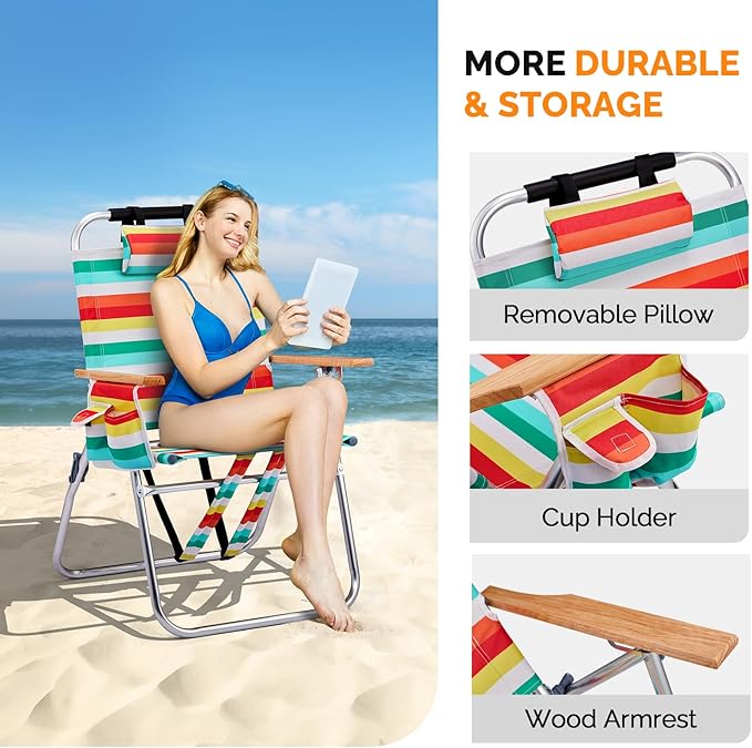 VINGLI Aluminum 17" Backpack Beach Chair – Tall Beach Chairs for Adults, Portable with Adjustable Straps, 3-Position Reclining, Cup Holder, High Lightweight Beach Chairs for Beach