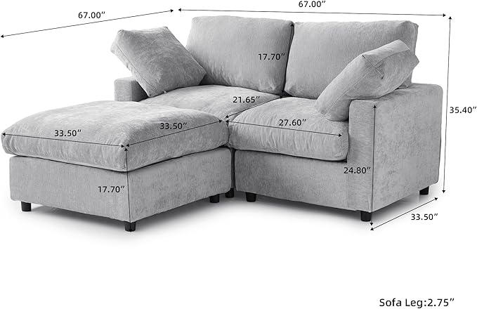 WJShome Cloud Couch Modular Sectional Sofa,67" L Shaped Couch, Convertible Wide Seater, 2 Seater+Ottoman for Living Room Set,Covers Washable&Replaceable,Gray