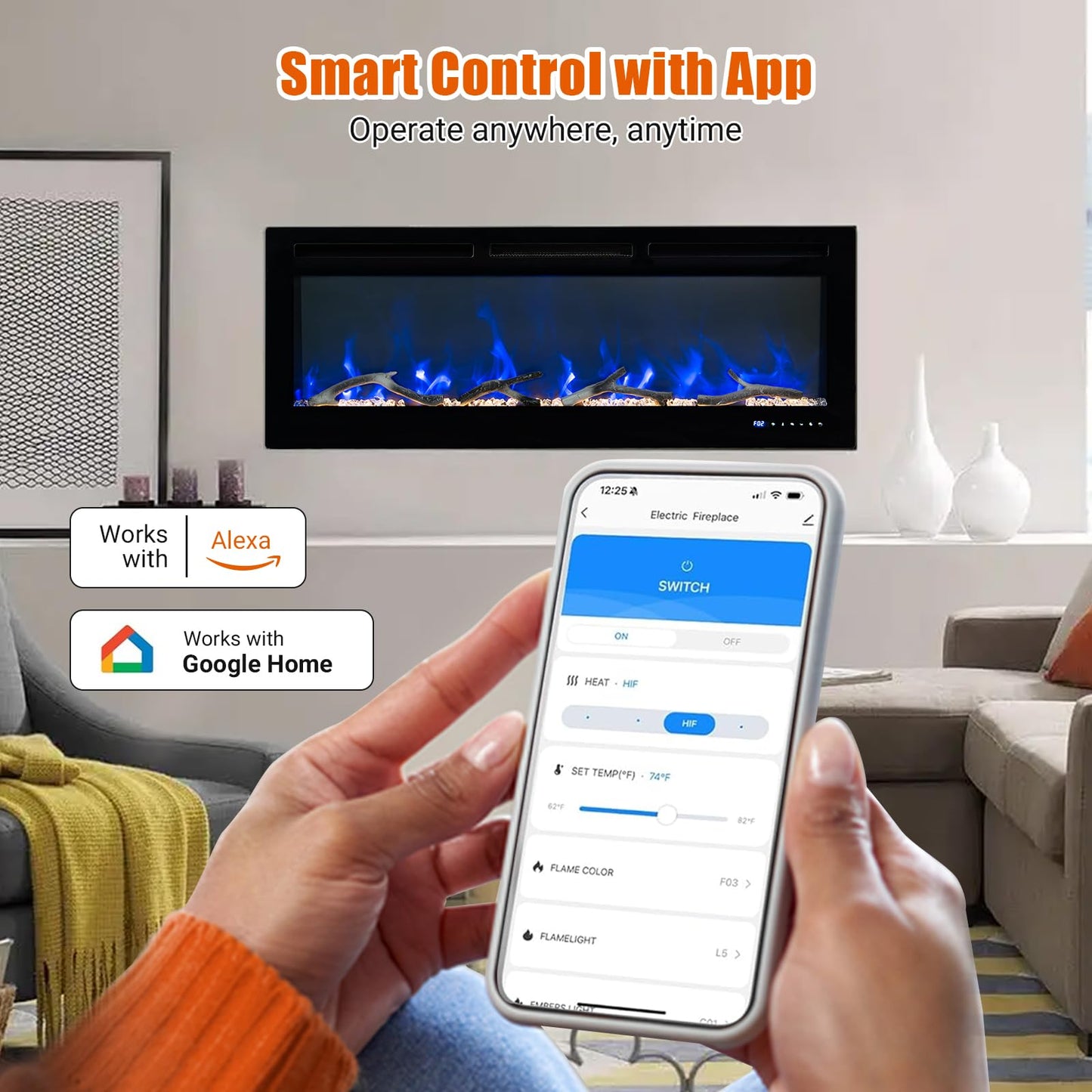 50" Smart Wall Mount Electric Fireplace, 1500W Heater with 12-Color LED Flame Effect, Touch Screen & Remote Control, Timer & Thermostat, for Living Room, Bedroom Indoor Use