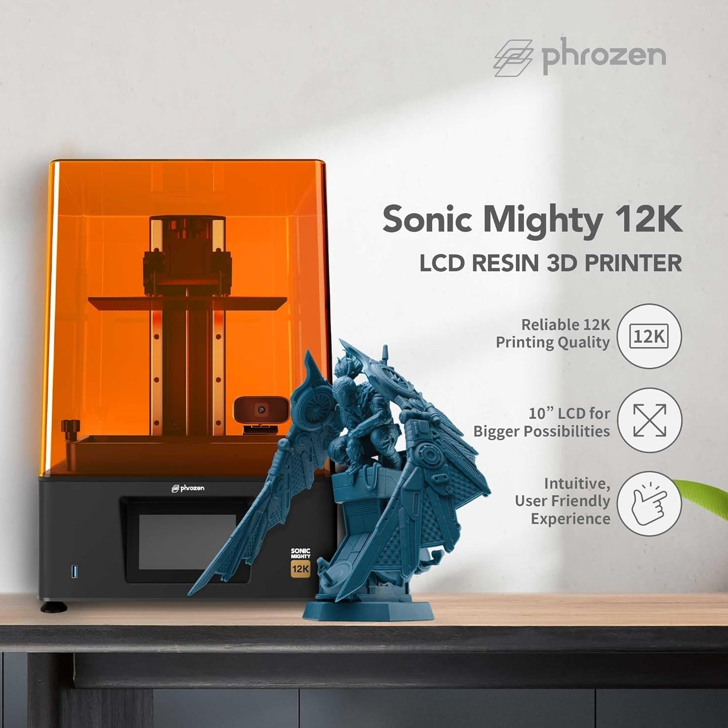 phrozen Sonic Mighty 12K LCD Resin 3D Printer, 10" Monochrome LCD, Tabletop 3D Resin Printer with 19*24µm XY Resolution, 8.6*4.8*9.3 Inch Printing Volume for Models, Miniatures and Action Figures