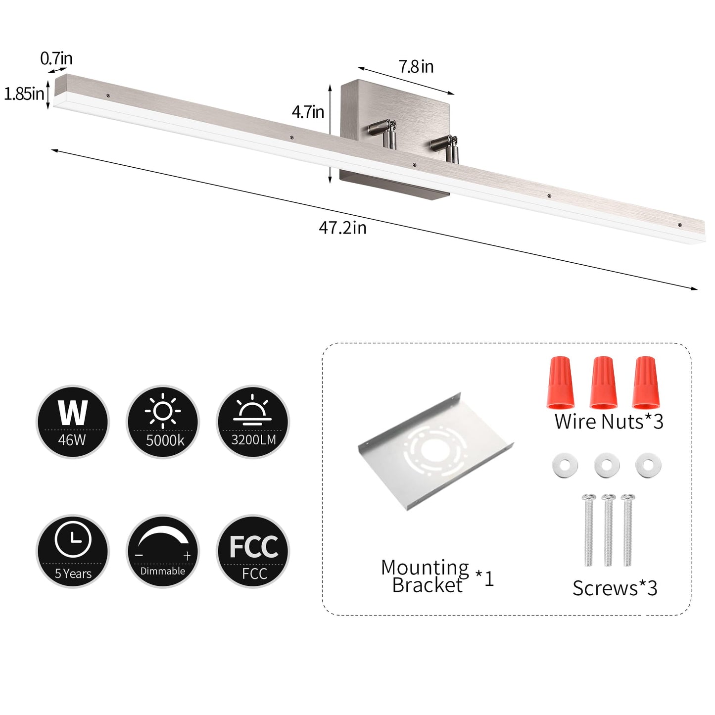 SOGOTING 48in Modern LED Brushed Nickel Vanity Light Bar, Adjustable Bathroom Light Fixtures Over Mirror, Dimmable 46W 3200LM 5000K Cool White