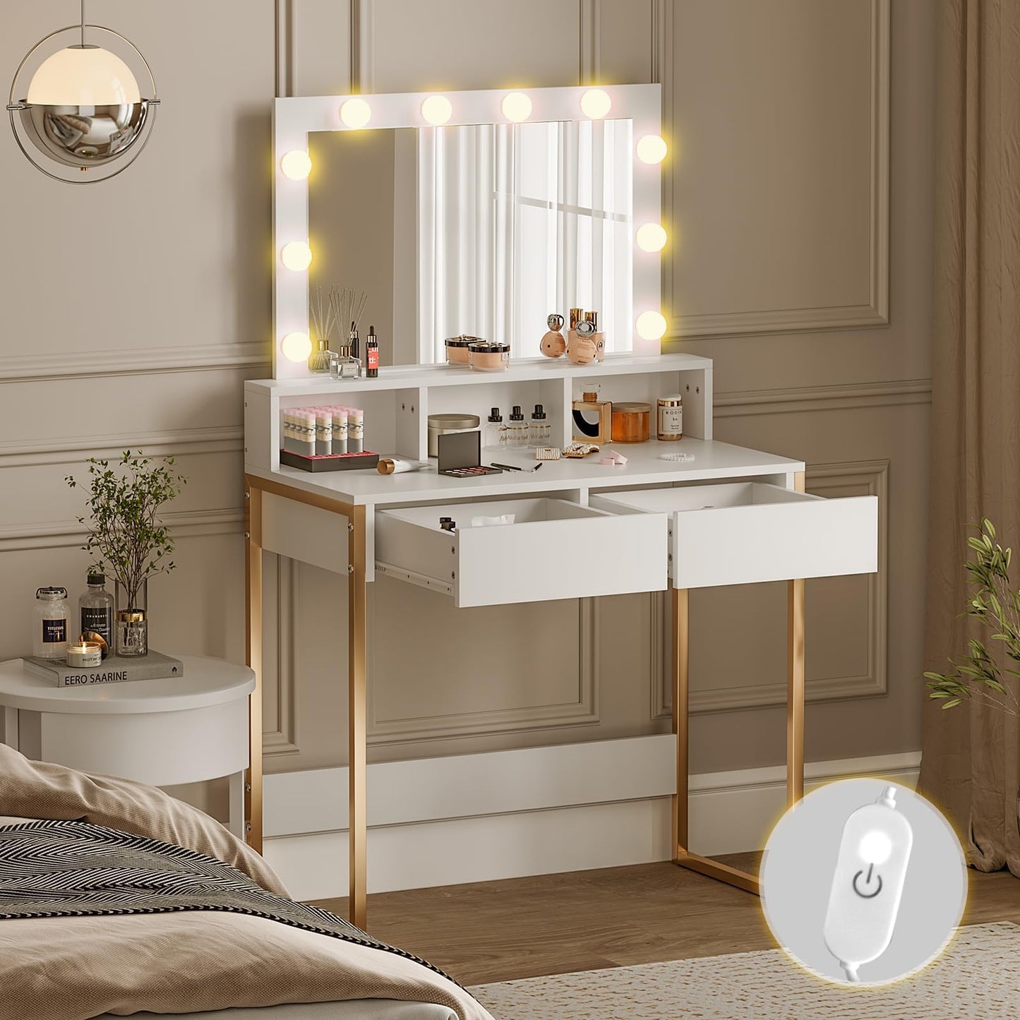 HedoAjim Small Vanity Desk with Lights and Mirror,3 Lighting Colors with Adjustable Brightness, Makeup Dressing Table with 2 Drawers for Women Girls in Bedroom,Wooden & Iron Frame (Gold)