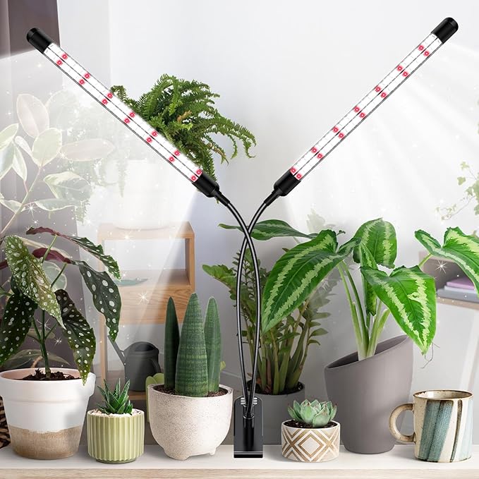 2 Heads Grow Lights for Seed Starting, Full Spectrum Grow Lights for Indoor Plants with 6/12/18H Timer, V-Shaped Design Light, 5 Dimmable Levels, Clip-on Desk for Indoor Plant Growing (2 Pack)