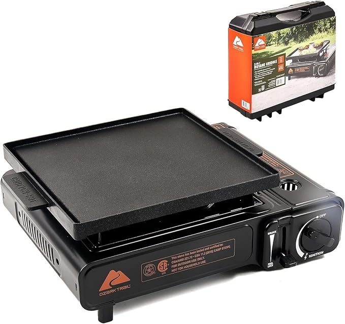 Ozark Trail 2 in 1 Butane Griddle Black, 7650 BTU Piezo-Electric Cast Aluminum Plate, Compact Lightweight Portable Grill f...